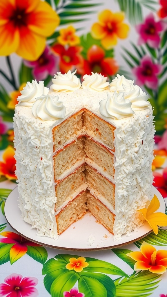A layered coconut cake with white frosting and shredded coconut on top, set against a tropical backdrop.